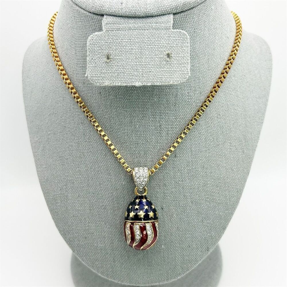 Vintage Patriotic Flag Egg Rhinestones Pendant Necklace 24.5" Red White & Blue